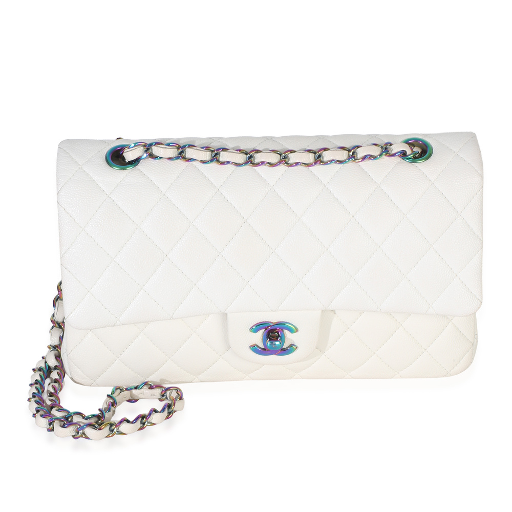 Chanel White Quilted Caviar Rainbow Medium Classic Double Flap Handbag